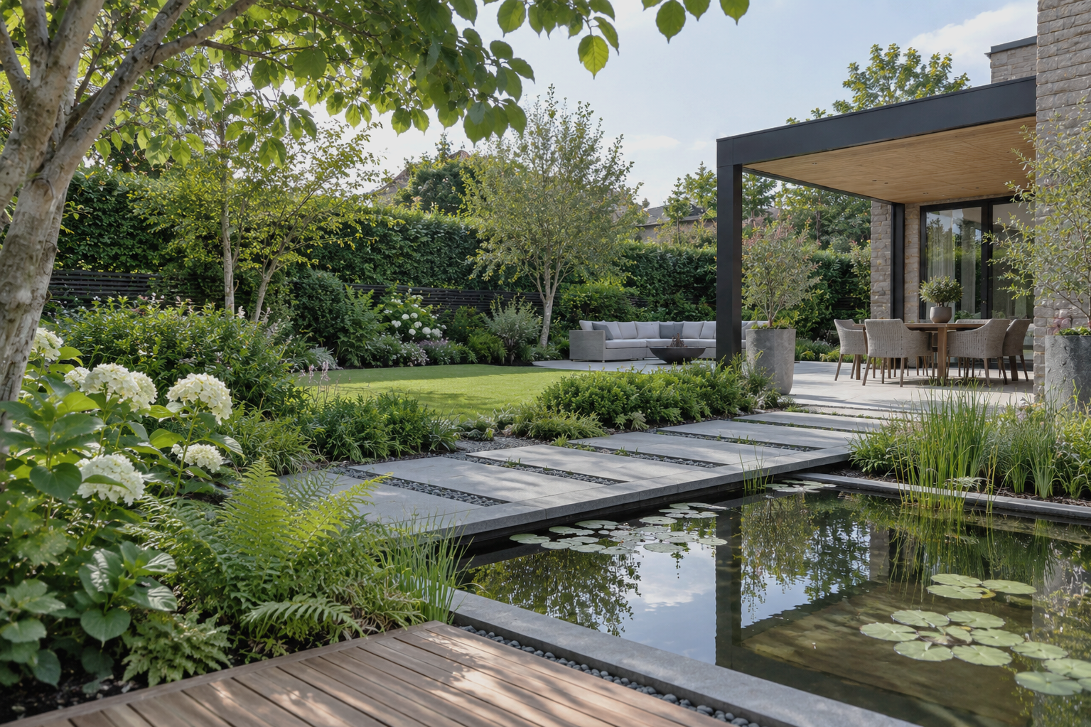 Large family garden with lawn, pergola, water featyre, stepping stones, outdoor terrace and lounge