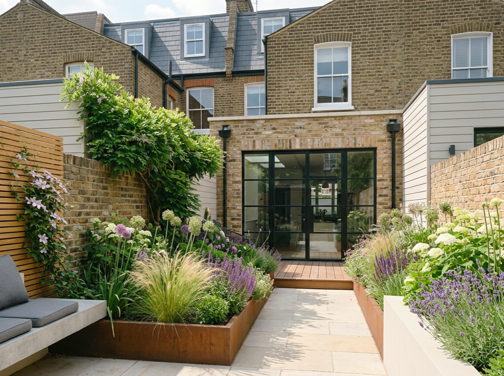 London terraced house, raised bed, corten steel edging with planting and climbers