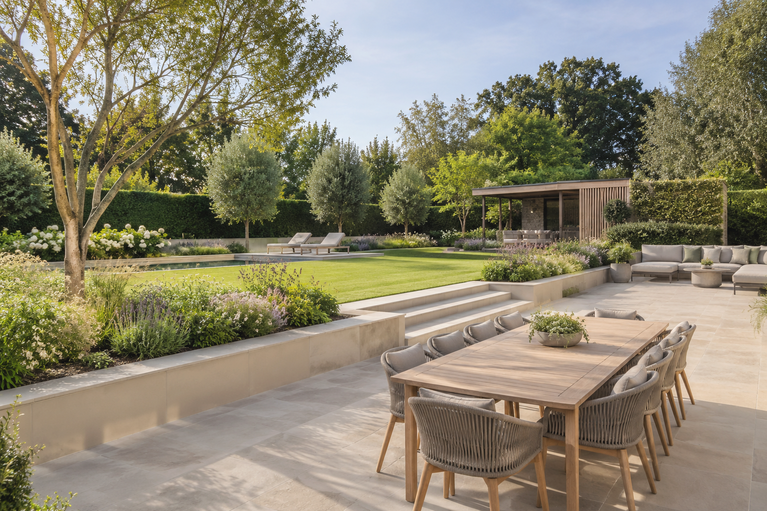 Large family garden with large lawn, swimming pool and sunloungers. Pergola entertainment area, screened storage and large terrace with dining and lounge area