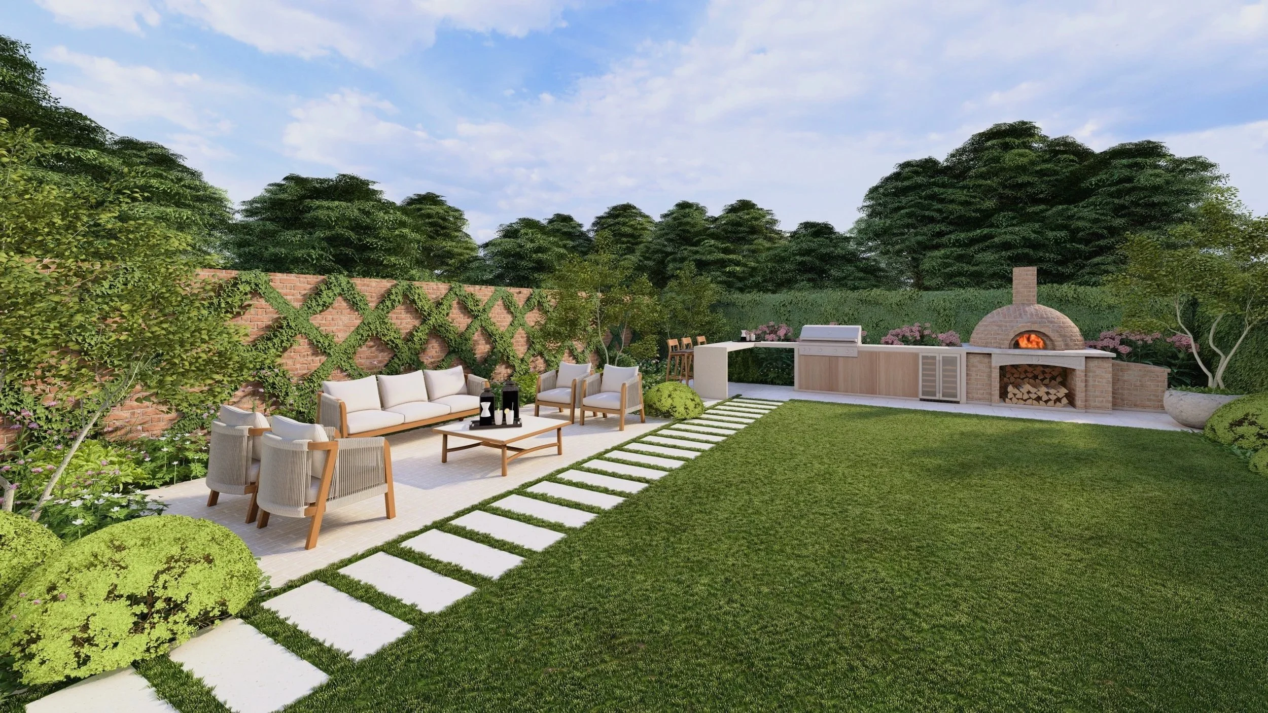 London backyard garden with a feature wall, containing evergreen climbers forming a pattern. An outdoor lounge seating area centralized to the feature wall. A bespoke outdoor kitchen with pizza oven at end of garden, with lush greenery  evergreen pla