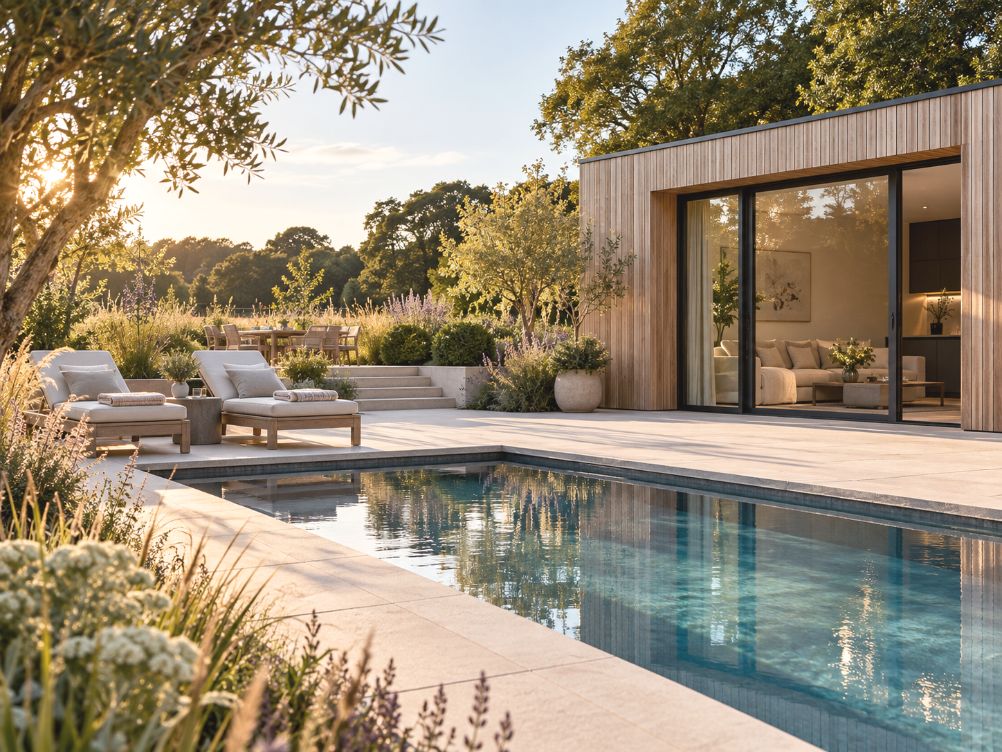 Terrace with large pool and sunloungers. Pergola/summer house with wood cladding