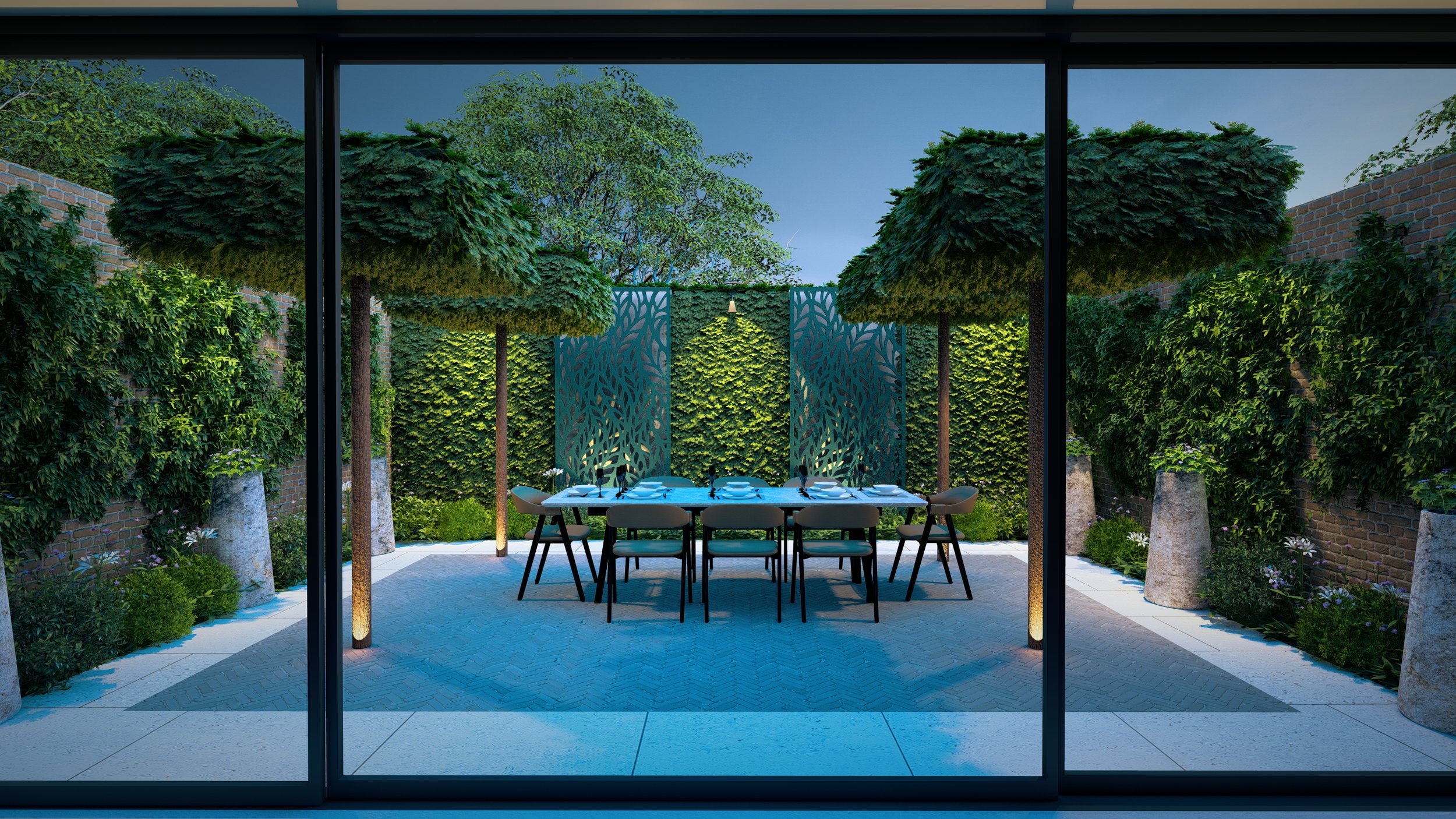 are & are Landscape Design Studio - View of a backyard garden patio through glass doors, with an outdoor dining table and chairs, tabletope/parasol tree's surrounded by lush green planting and decorative screens.