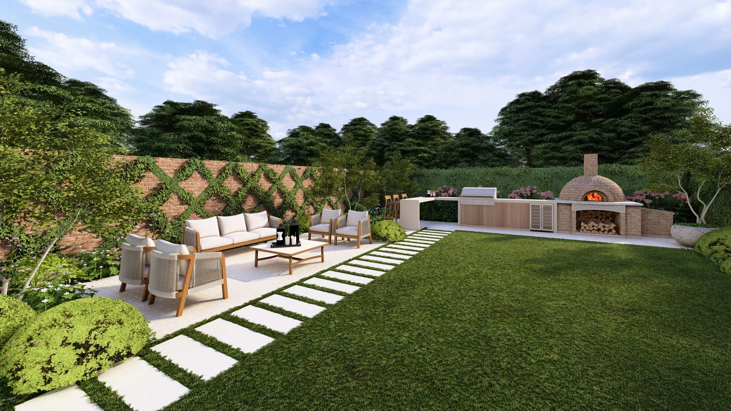 are & are Landscape Design Studio - London backyard garden with a feature wall, seating area, a brick pizza oven/outdoor kitchen, and lush greenery including trees, bushes, and a brick wall with decorative climbing plants. 