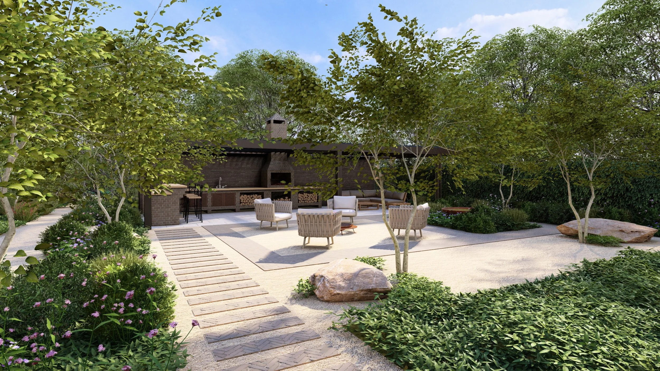 are & are Landscape Design Studio - A landscaped backyard patio with outdoor pergola seating, a brick barbecue area/outdoor kitchen, surrounded by trees and planting under a blue sky.