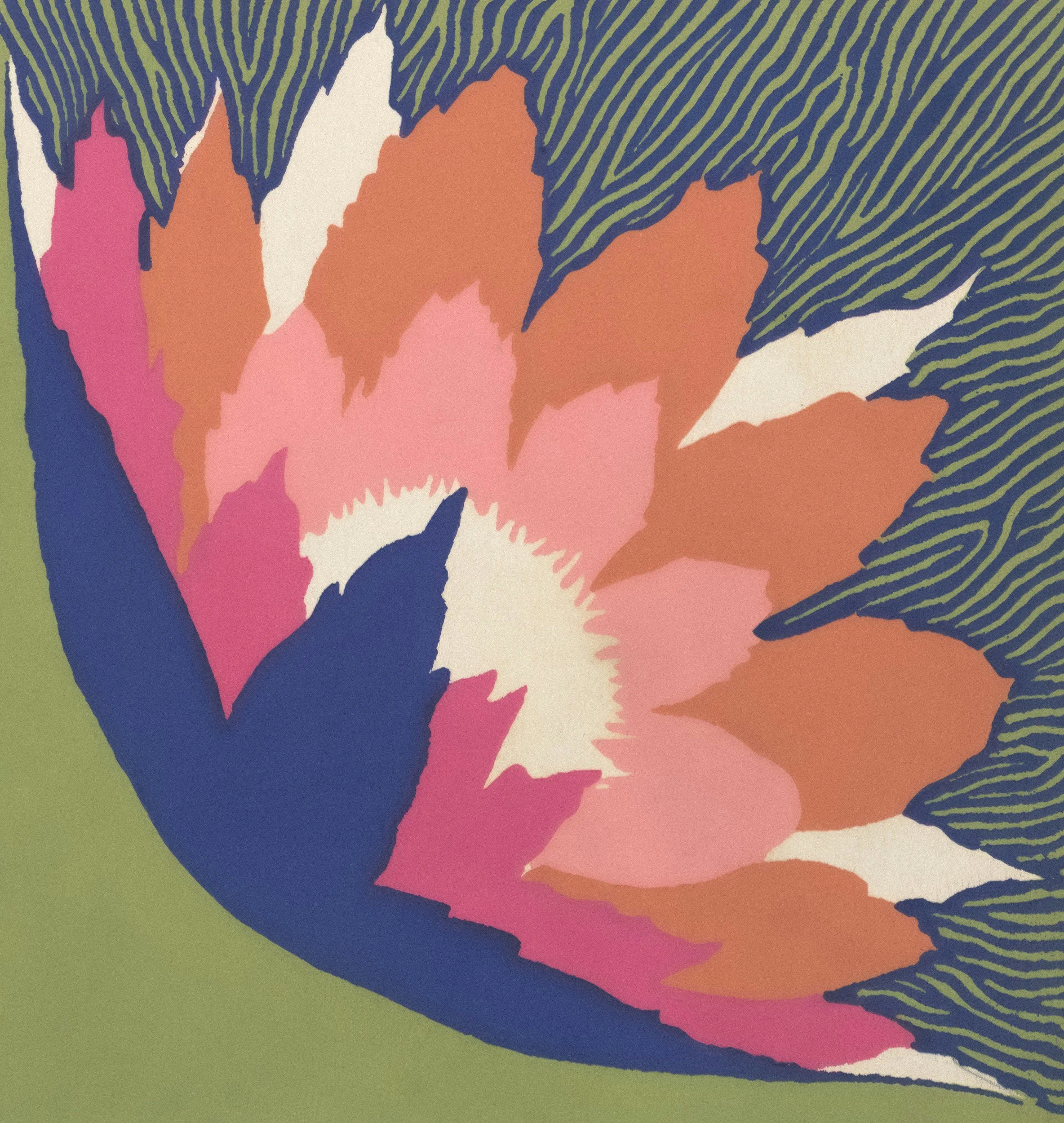 Close-up of an abstract colorful floral design with various shades of pink, orange, white, and green, accented by navy blue and striped green details.