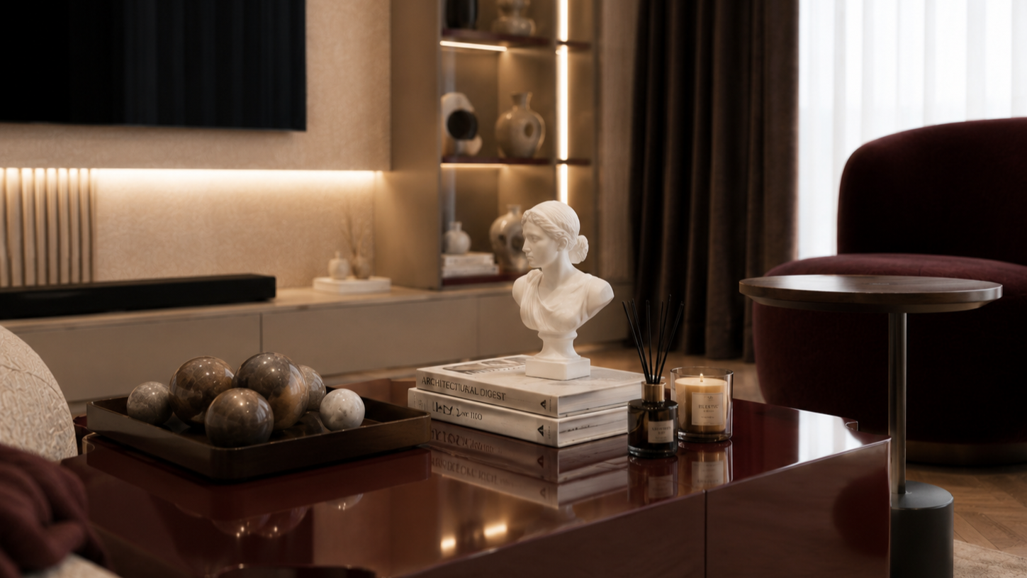 Living room with a wooden table holding decorative objects including a small bust sculpture, books, a candle, and a reed diffuser, with a large window and dark curtains in the background.