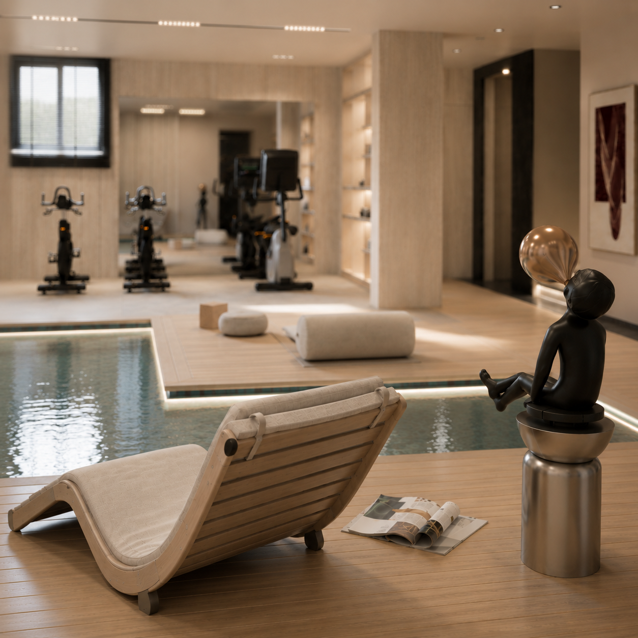 Modern indoor recreational area with a pool, lounge chair, sculpture, and exercise equipment in the background.