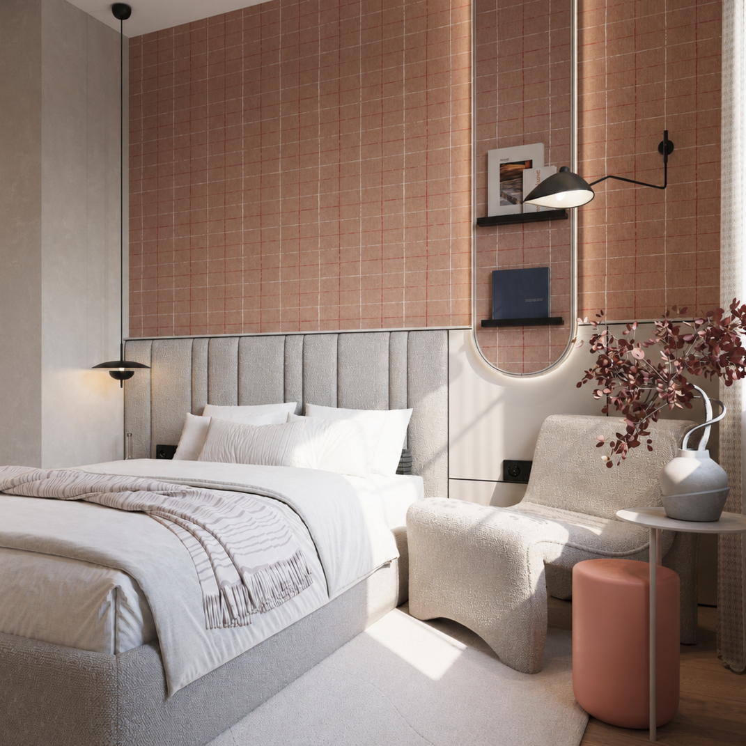 Modern bedroom with a light-colored upholstered bed, white bedding, a soft armchair, a side table with a decorative vase and plant, and a wall-mounted light fixture. The room features a large wall panel with a grid pattern and minimalistic decor.