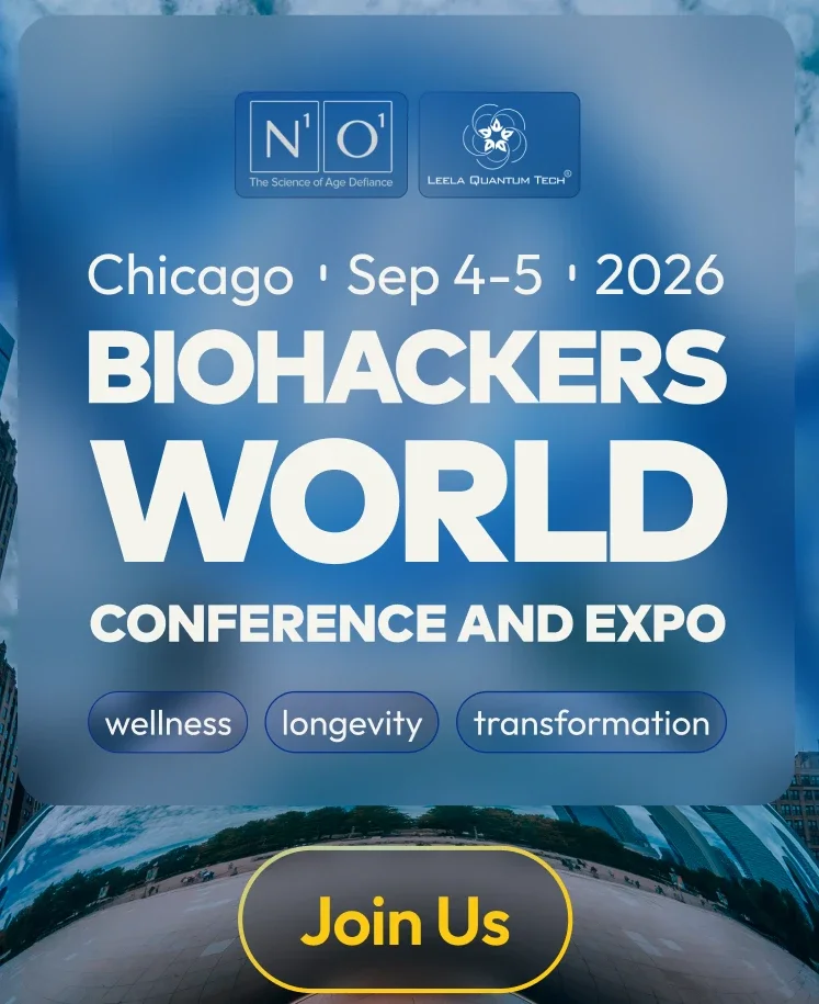 Event poster for the Biohackers World Conference and Expo in Chicago on September 4-5, 2026, featuring Wellness, Longevity, and Transformation themes, with logos for NO and Leela Quantum Tech, and a prominent yellow
