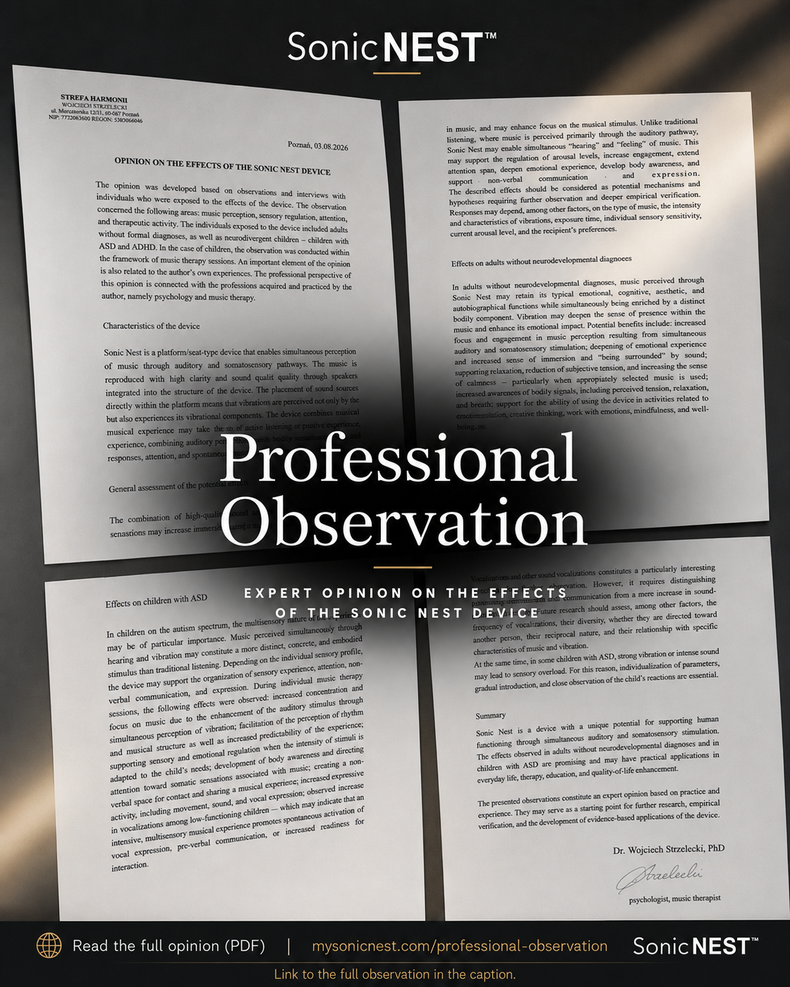 Document titled 'Opinion on the Effects of the Sonic Nest Device' with multiple pages of text discussing the device's impact on music perception, sensory regulation, and effects on children and adults, attributed to Dr. Wojciech Strzelecki, PhD.