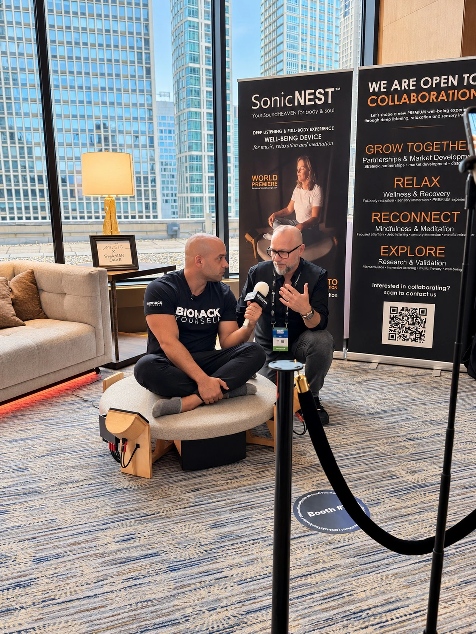 Tom Fechter at interview with Biohack Yourself and SonicNEST™ demonstration at Biohackers World Chicago 2026, presenting body-felt sound, deep listening and immersive well-being technology.