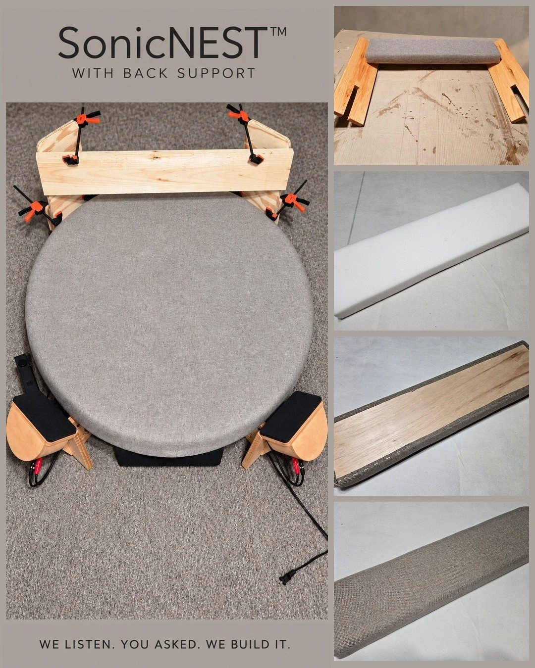 A partially assembled SonicNEST chair with back support, showing wooden and foam components and clamps, along with fabric-covered parts and raw wood pieces on the side.