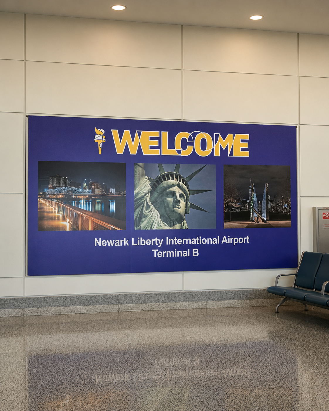 Welcome sign at Newark Liberty International Airport, Terminal B, featuring images of the city skyline at night, the Statue of Liberty, and a nighttime cityscape.