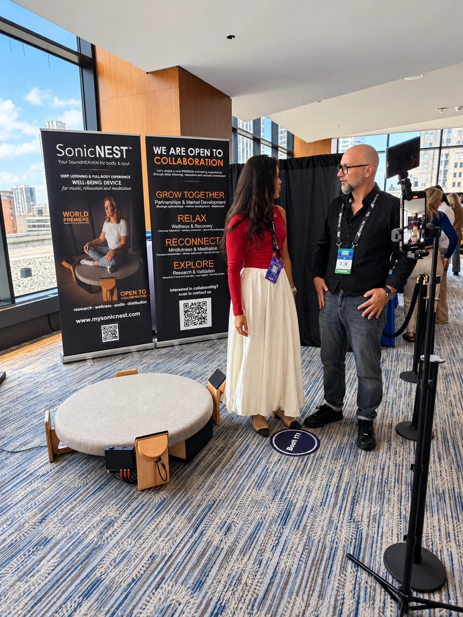 SonicNEST™ conversation and media moment at Biohackers World Chicago 2026, discussing immersive audio, vibroacoustic experience and future cooperation.