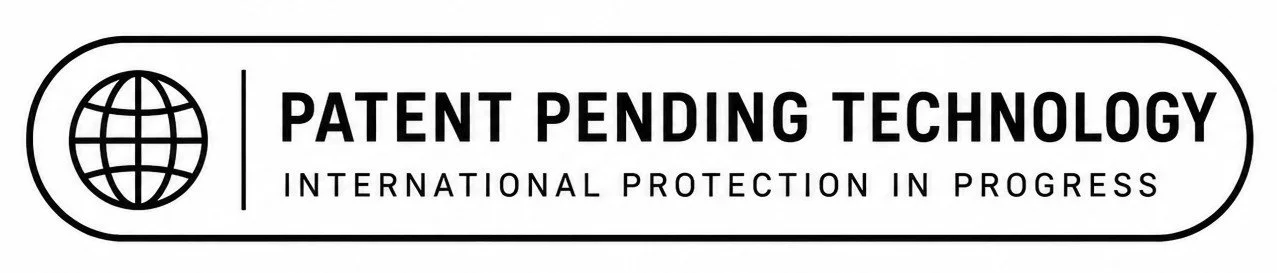 Logo with globe icon and text that reads 'Patent Pending Technology' and 'International Protection in Progress'.