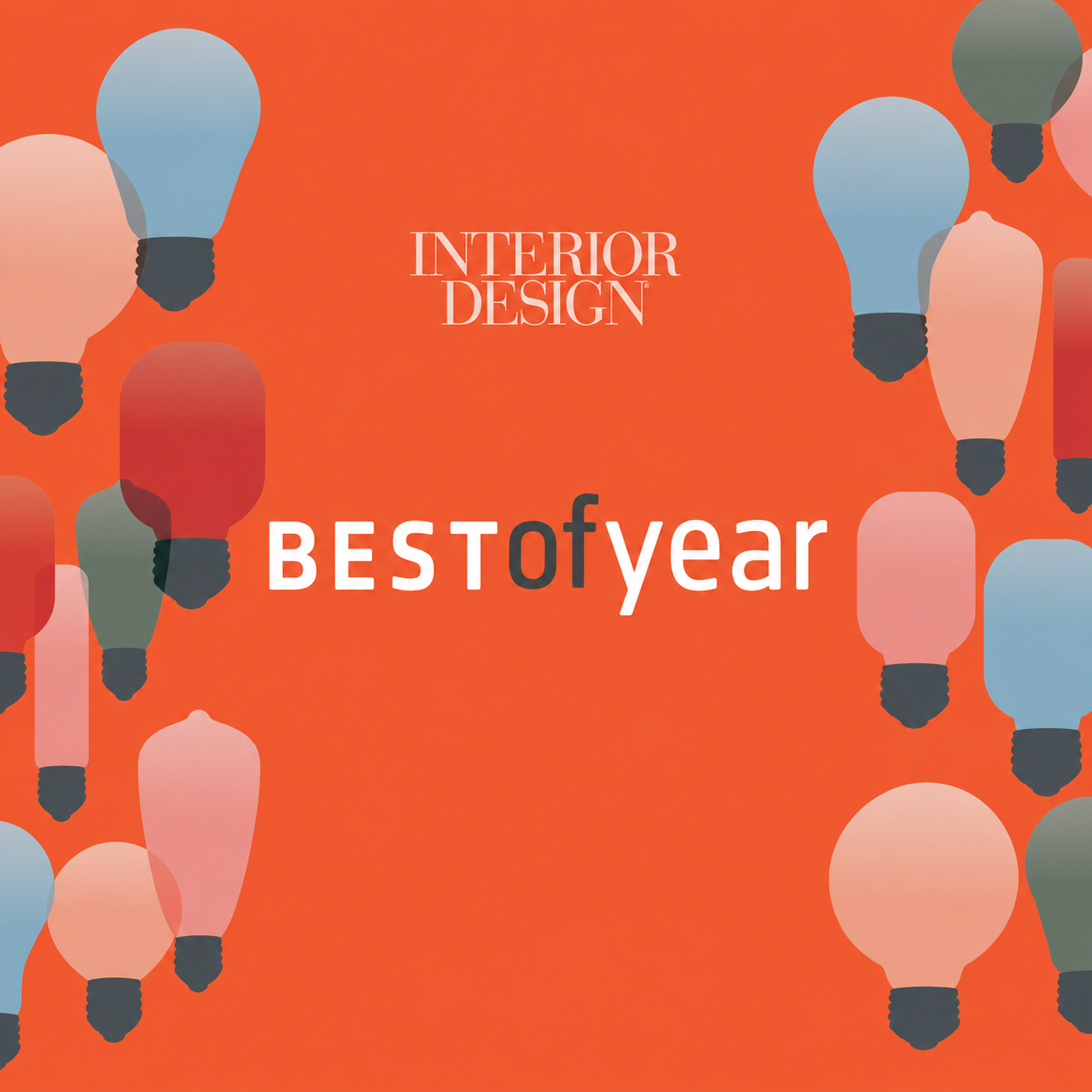 Celebrating interior design's best of the year with colorful light bulb graphics on an orange background.