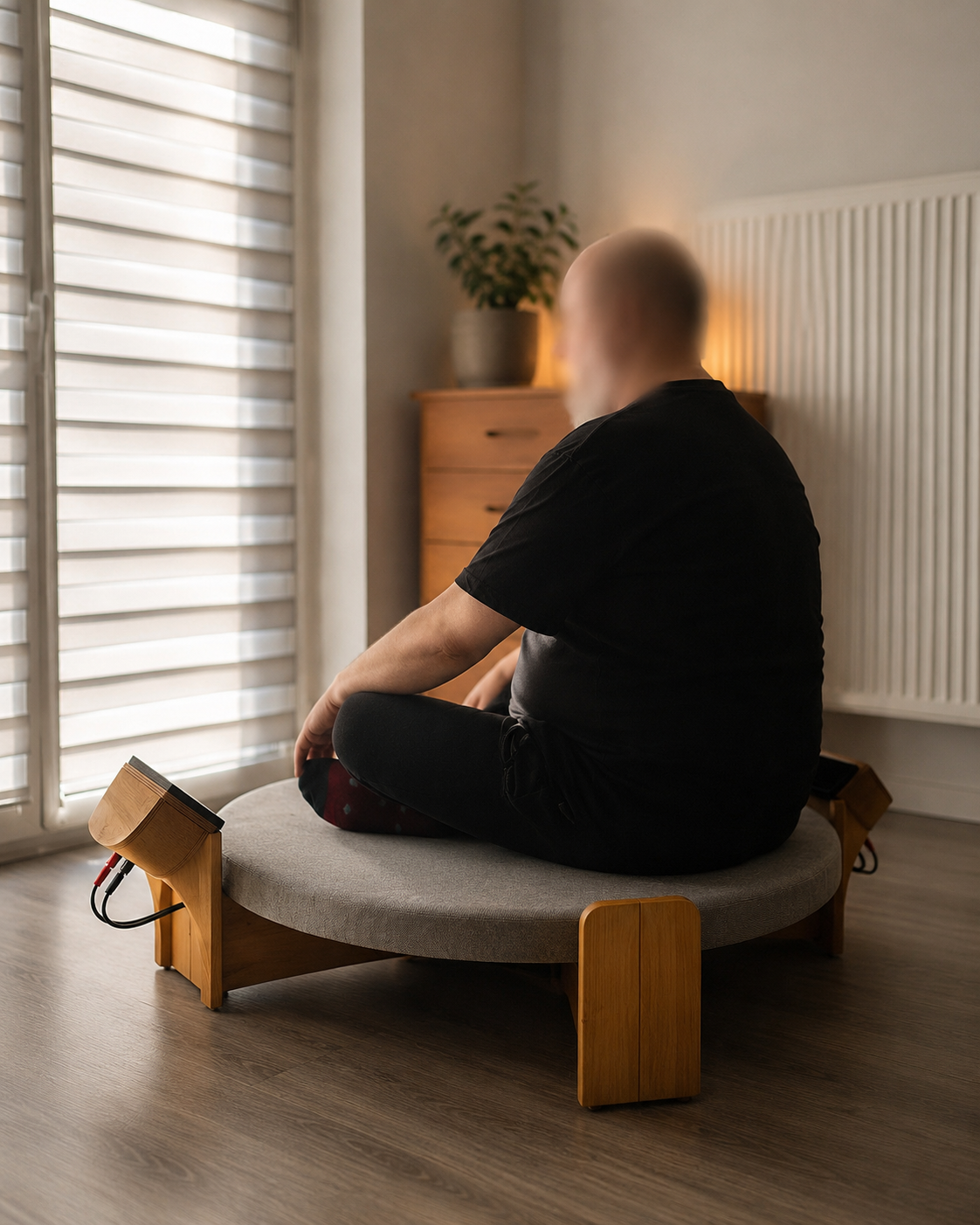 A person sitting cross-legged on a round meditation cushion in a sunlit room near large windows with blinds, with a wooden dresser and potted plant in the background.