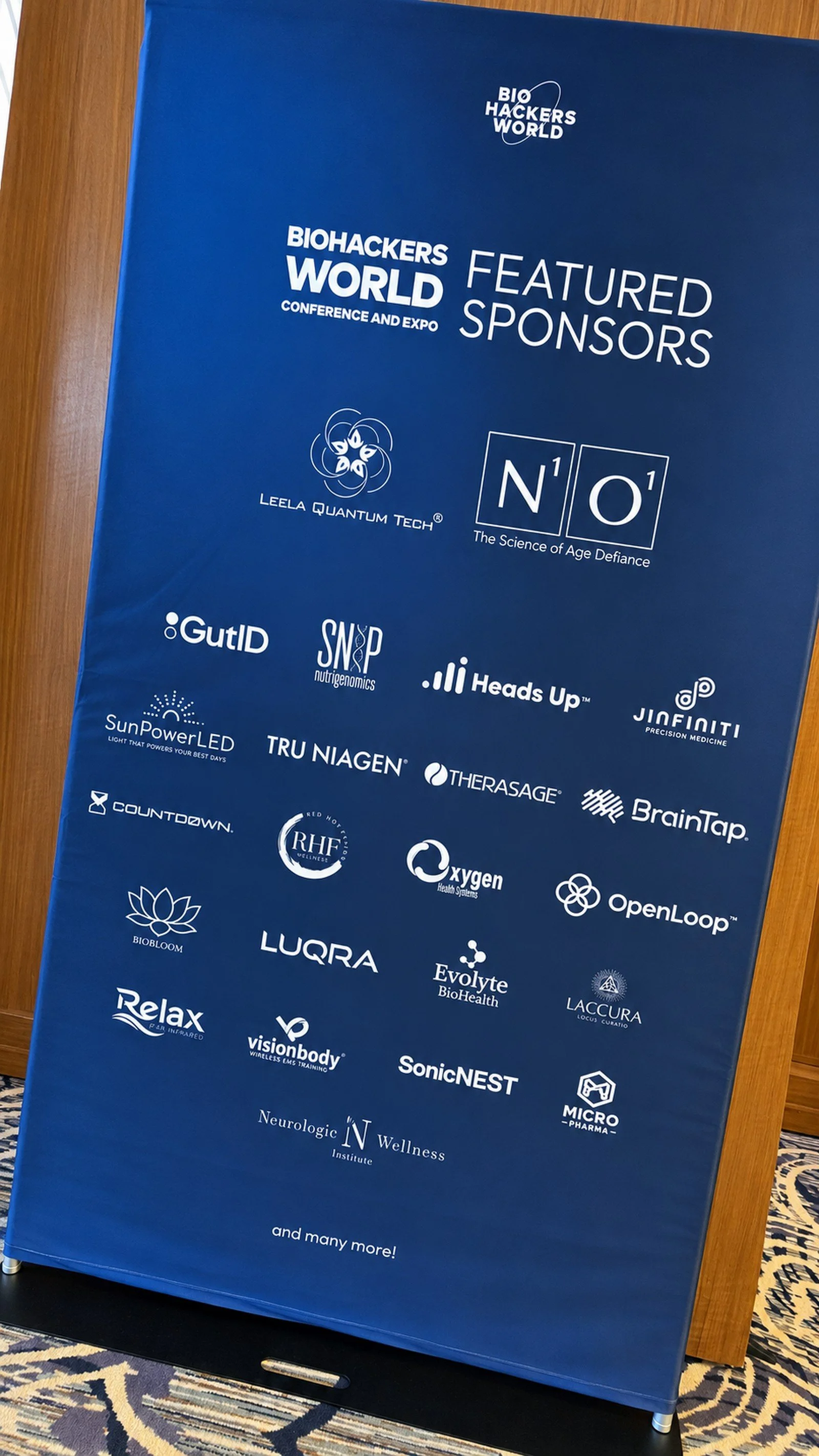 Biohackers World Chicago 2026 sponsor and exhibitor wall featuring SonicNEST™ among wellness, longevity, health optimization and emerging technology brands.