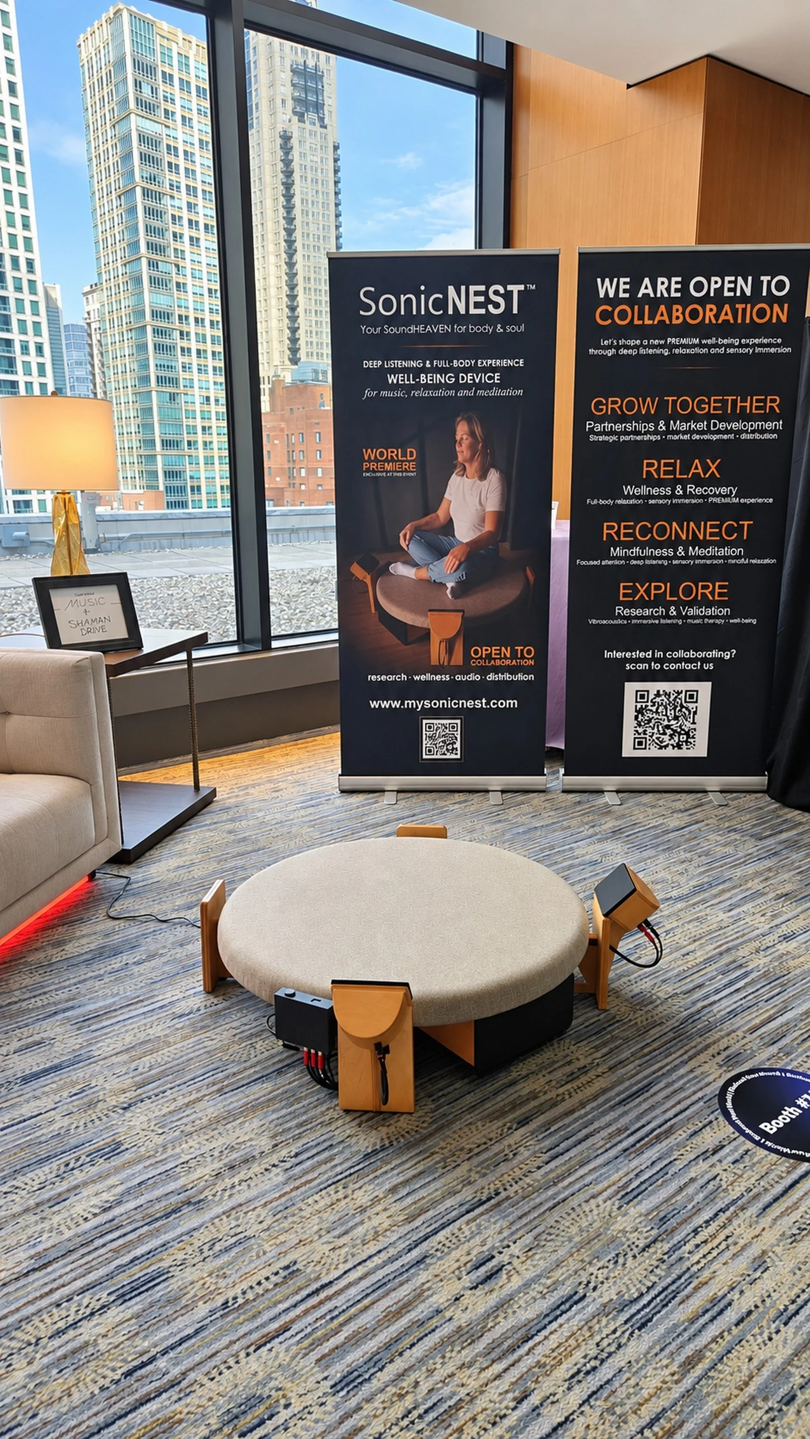 SonicNEST™ immersive audio and vibroacoustic listening platform prepared for individual sessions at Biohackers World Chicago 2026 VIP Lounge.