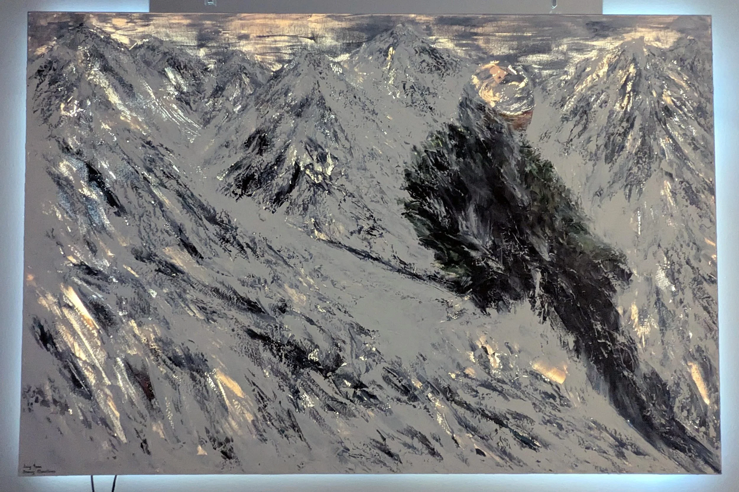 A painting of a mountain range with snow-capped peaks, rendered in an abstract style with bold brushstrokes and metallic shades.