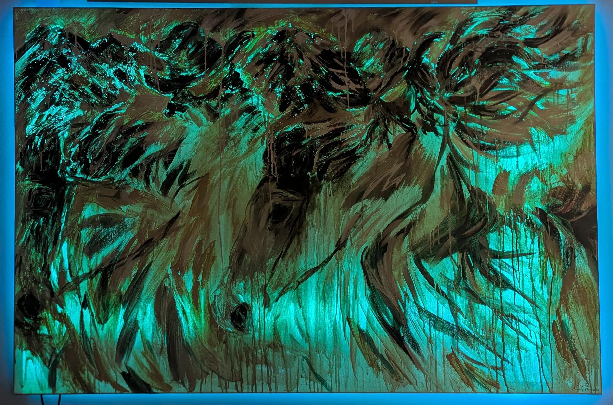 Abstract painting with black and turquoise expressive brushstrokes, resembling a wild animal or creature, on a black background.