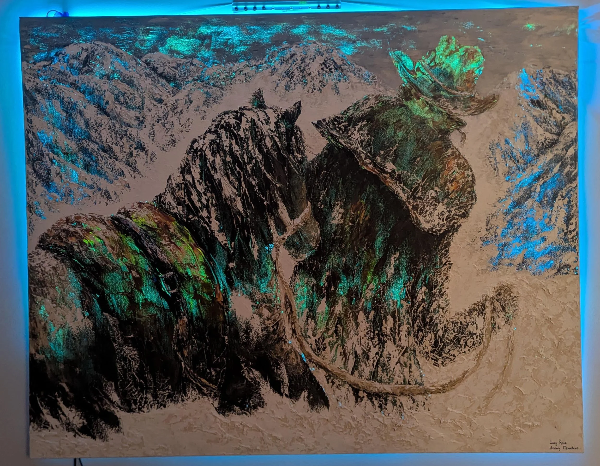 A landscape painting of mountains under a starry sky. The mountains are detailed with dark and light shades, with some areas reflecting green and blue hues. The sky is dark with blue and teal stars and clouds, creating a mystical atmosphere. The pain