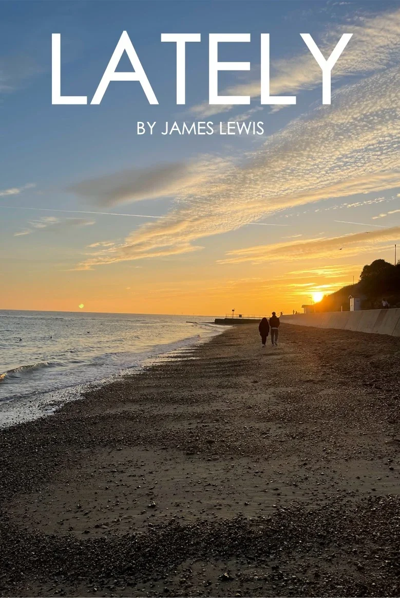 A book cover featuring a beach at sunset for the play "Lately" by James Lewis