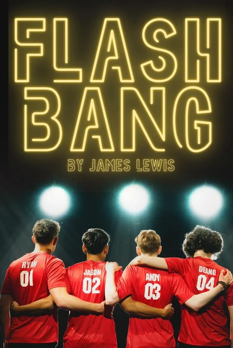 A book Cover - Four football players in red jerseys with names and numbers, standing with arms around each other, looking at a bright stage light and a neon sign that says 'Flashbang' by James Lewis.