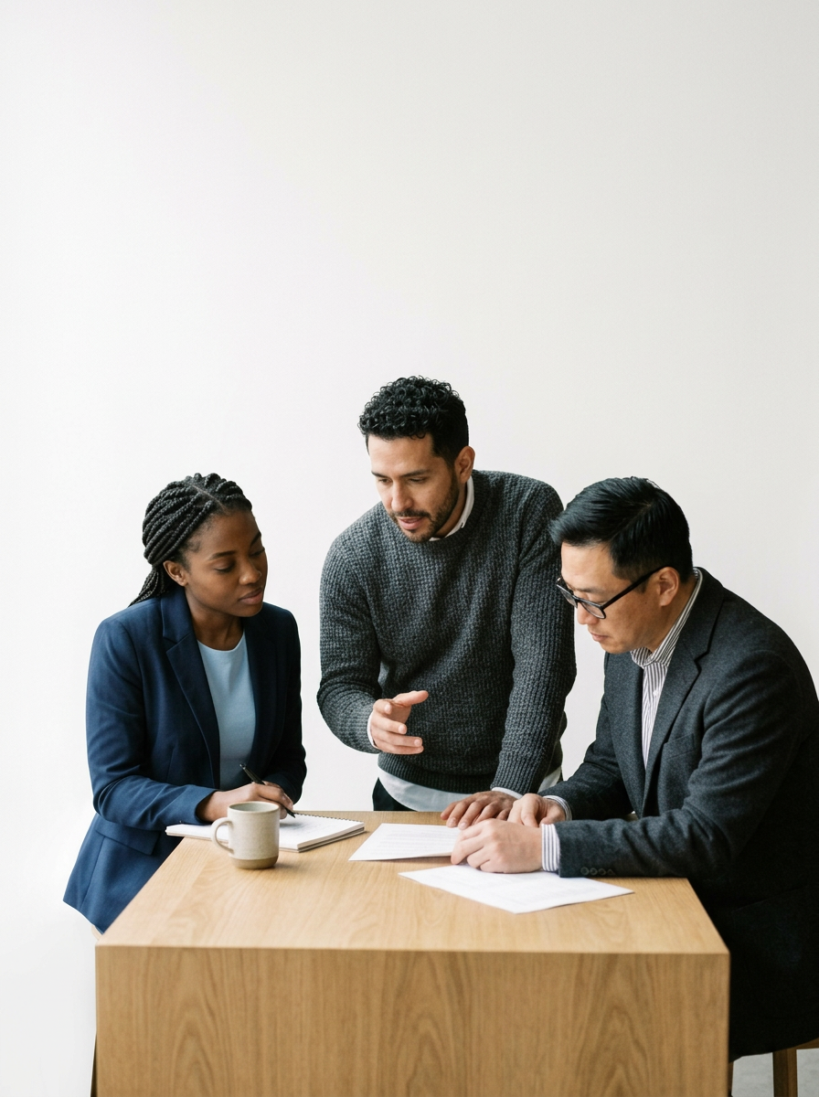 Three people in a business meeting around a wooden table, discussing documents, with one person speaking and the others listening attentively.