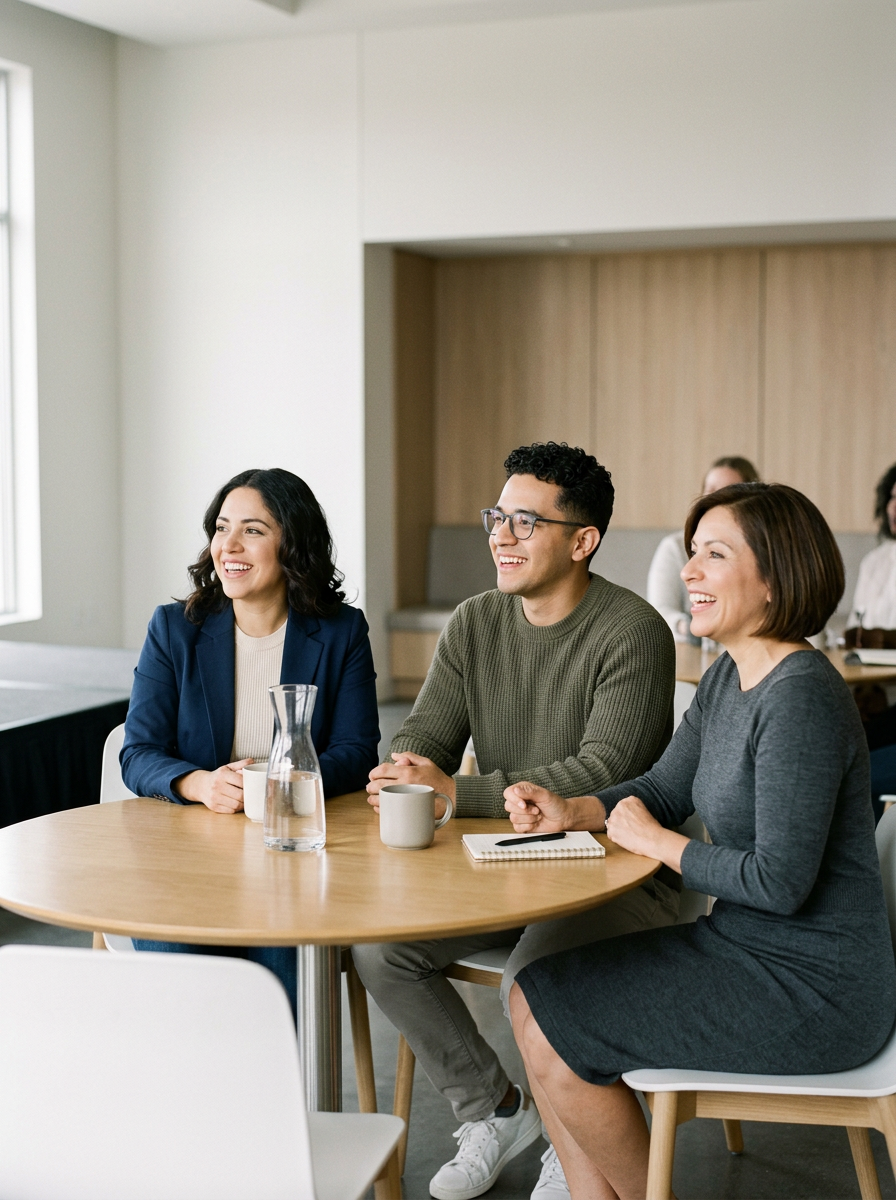 Three diverse adults smiling and sitting at a round table during a meeting or discussion in a modern office space.
