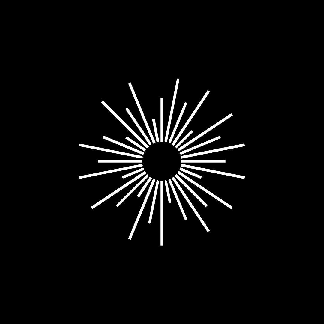 Black background with a white circular design made of radiating lines, resembling a stylized sun or starburst.