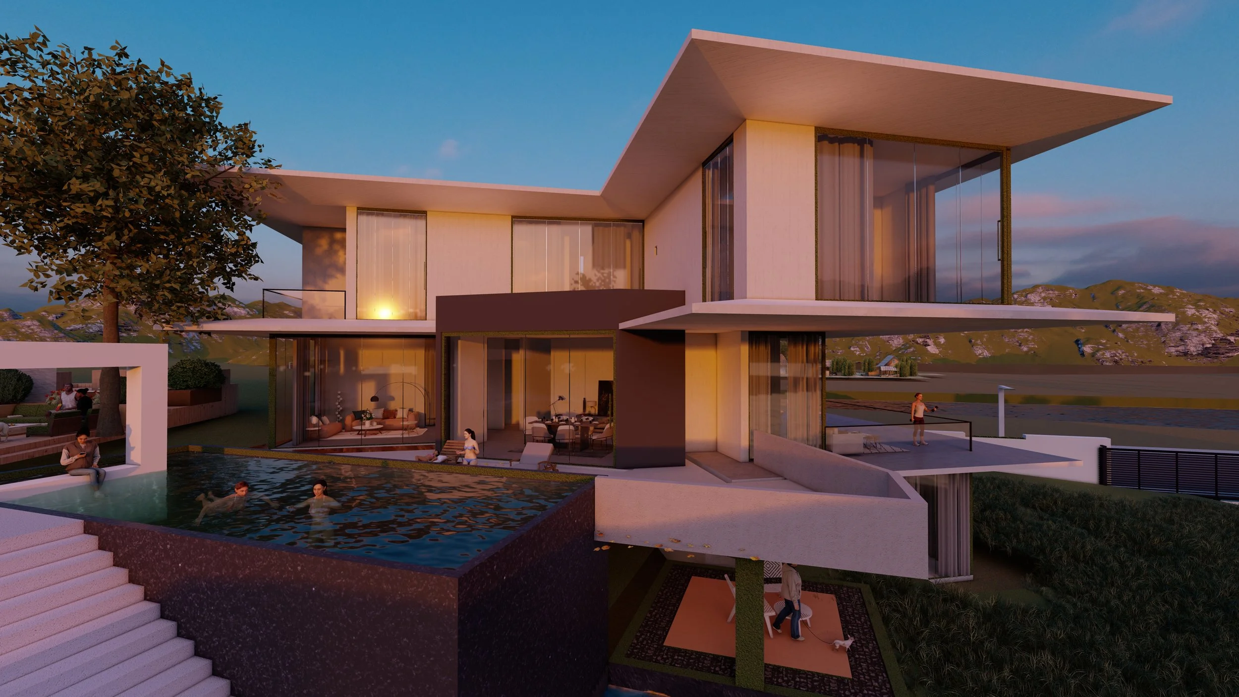 Modern house at sunset with large glass windows, outdoor pool, and people swimming and relaxing.