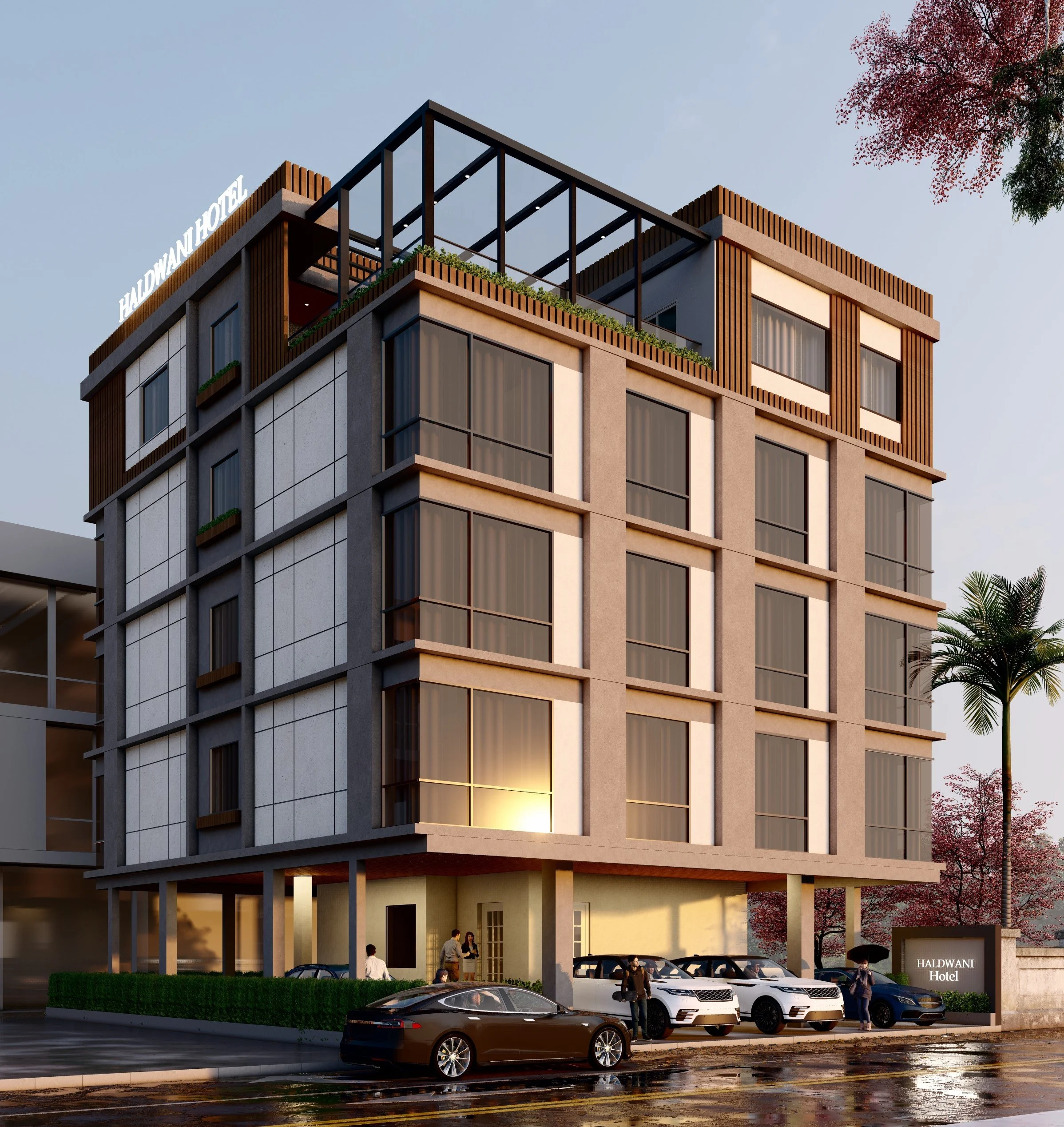 A contemporary multi-story hotel, prominently featuring a sleek and minimalist architectural design.