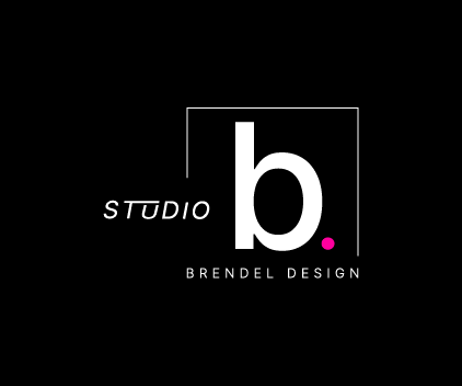 Logo von Brendel Design mit einem großen schwarzen Buchstaben 'b' und dem Text 'STUDIO' und 'BRENDEL DESIGN' darunter.