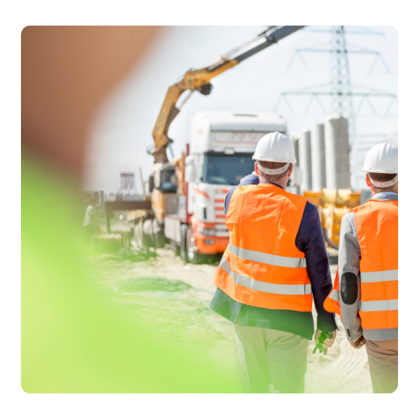 Two construction workers in orange safety vests and white hard hats walking on a construction site with a crane and truck in the background.