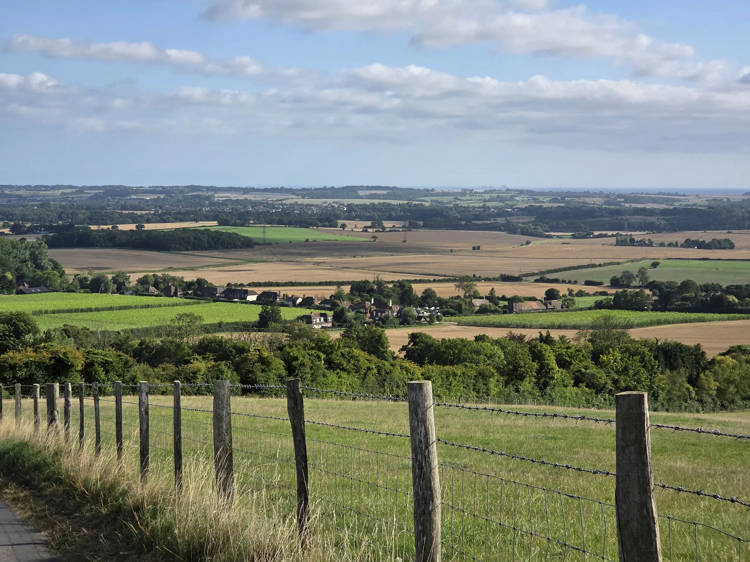 A scenic view of a rural landscape with rolling fields, scattered houses, and dense green forests under a partly cloudy sky.