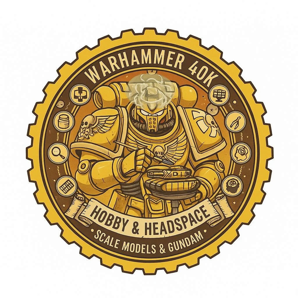 A circular emblem featuring a detailed illustration of a yellow Warhammer 40K space marine holding a piece of food, with a skull and wings on the chest. Surrounding the marine are icons related to scale modeling and hobby activities, such as a magnifying glass, tools, and a computer. The text around the emblem reads "Warhammer 40K Hobby & Headspace" and "Scale Models & Gundam."