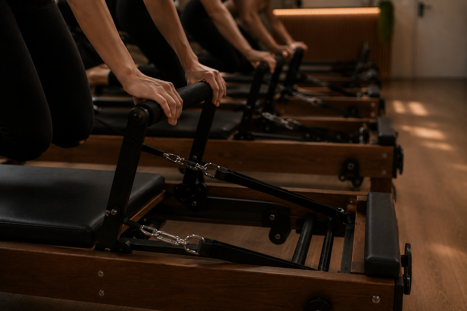 Multiple people exercising on reformer Pilates machines in a gym.
