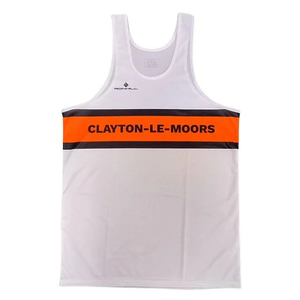 A white sleeveless athletic tank top with black and orange horizontal stripes across the chest. The orange stripe has the text 'CLAYTON-LE-MOORS' printed in black.
