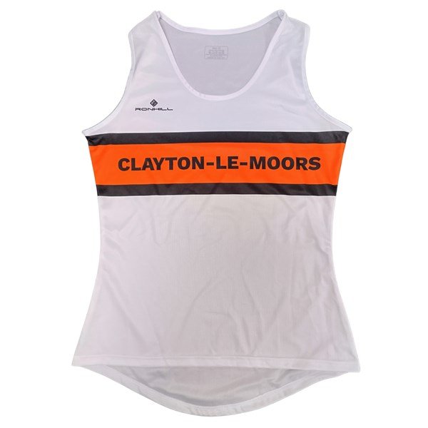 White running singlet with black and orange horizontal stripes and the text 'CLAYTON-LE-MOORS' in black across the orange stripe.