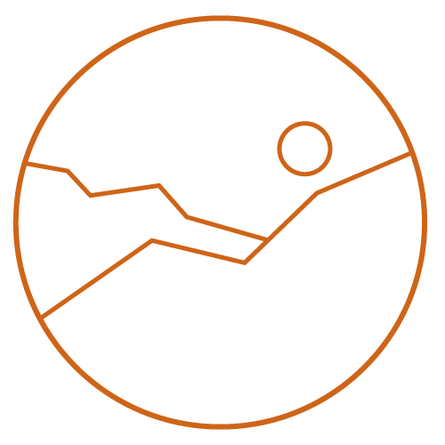 A line drawing of a circular planet with mountains, a smaller circle representing the moon or sun, and a starry sky.