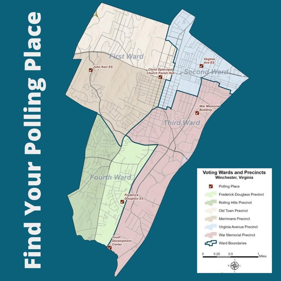 Map of Winchester, Virginia showing voting wards and precincts, including First Ward, Second Ward, Third Ward, and Fourth Ward, with polling places and precinct boundaries marked.