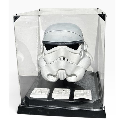 STAR WARS: A NEW HOPE. RARE & IMPORTANT ONE OF ONE 1976 PROTOTYPE STORMTROOPER HELMET MADE BY ANDREW AINSWORTH, ‘Greeblies Back’ variant, painted vacu-formed plastic, three sectioned, rubber trim brow and underside. Signed ‘Star Wars, 1976’ & Andrew 