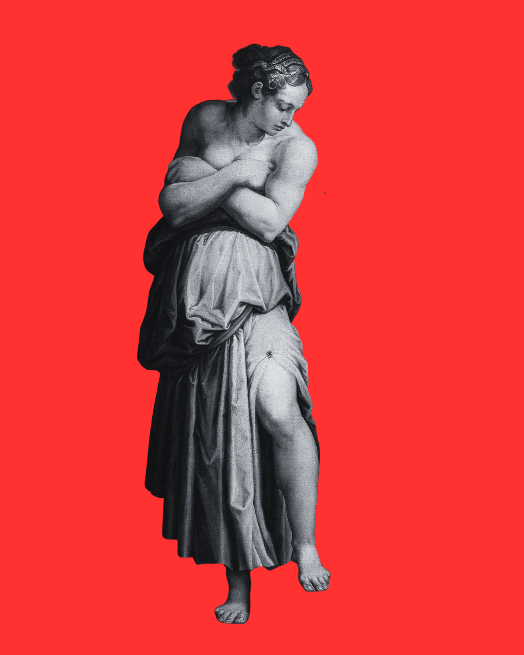 A woman stands with a toga wrapped around her. She looks down at the back of her left foot as she clutches the cloth of the toga to her chest.