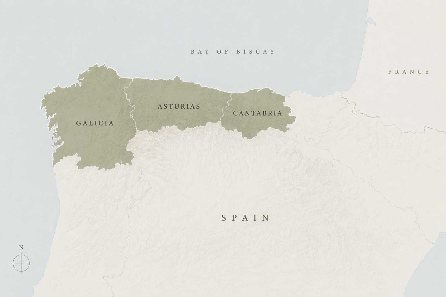 Map of Spain highlighting the regions of Galicia, Asturias, Cantabria, with the Bay of Biscay to the north and France to the northeast.