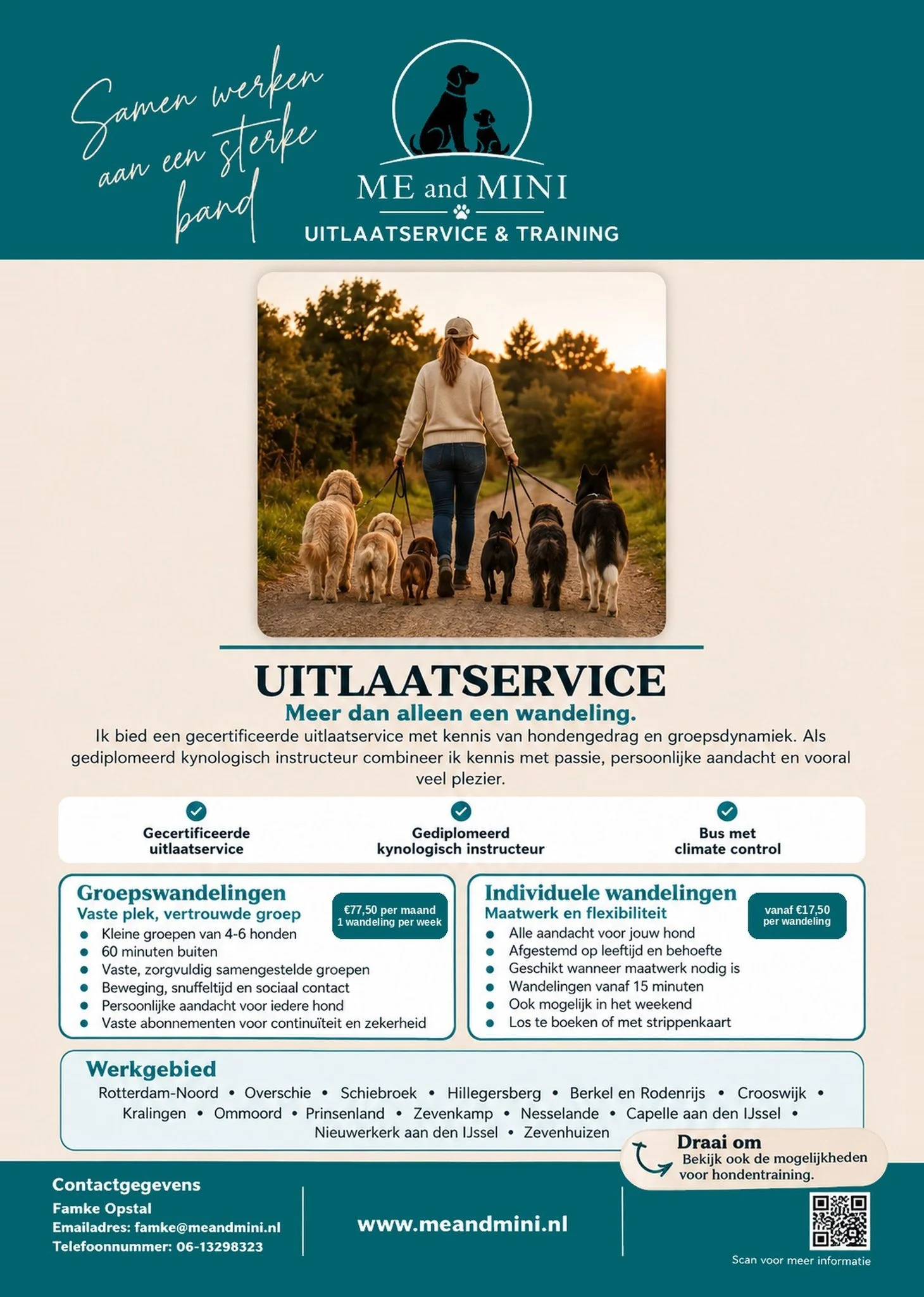Jaaa, ik ga het echt doen! 

  Me and Mini by Famke

De Me and Mini Uitlaatservice gaat van start!

Welke honden gaan met me mee om leuke avonturen wil beleven? 

Ben jij of ken jij hondeneigenaren die hun hond heerlijke wandelingen, snuffelmomenten 