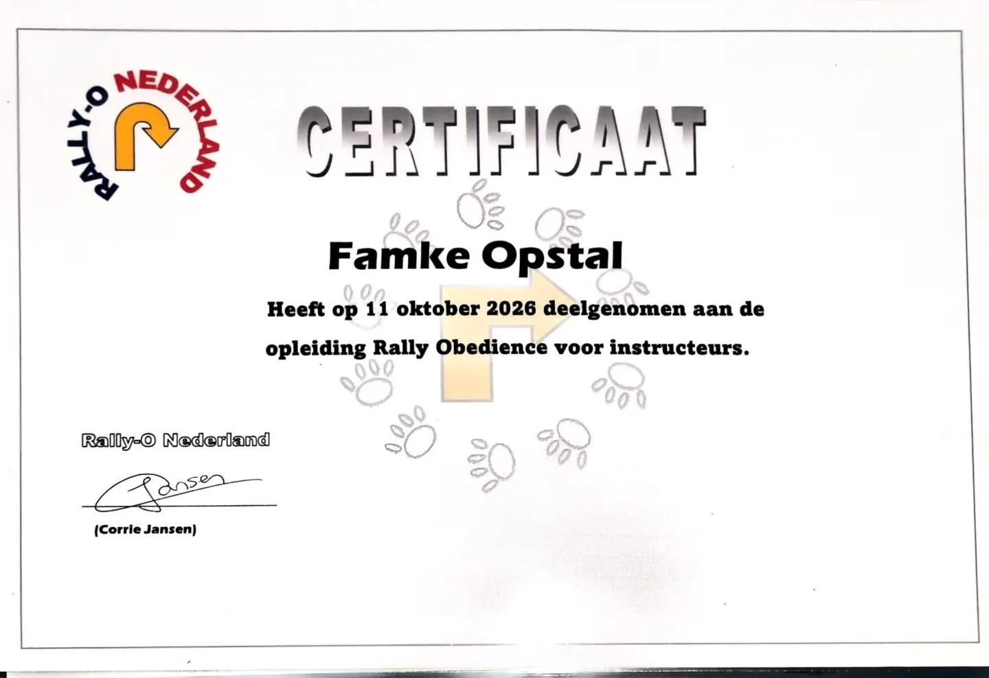 Weer een certificaat binnen!
Rally Obedience (Rally-O)voor instructeurs.

Wat een top dag was het weer! Heerlijk gewerkt met de honden en wat deed Doedel het weer goed! Trots!🥰🐕