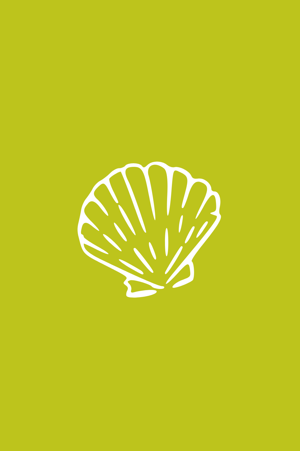 Green background with a white outline of a fan-shaped seashell in the center.