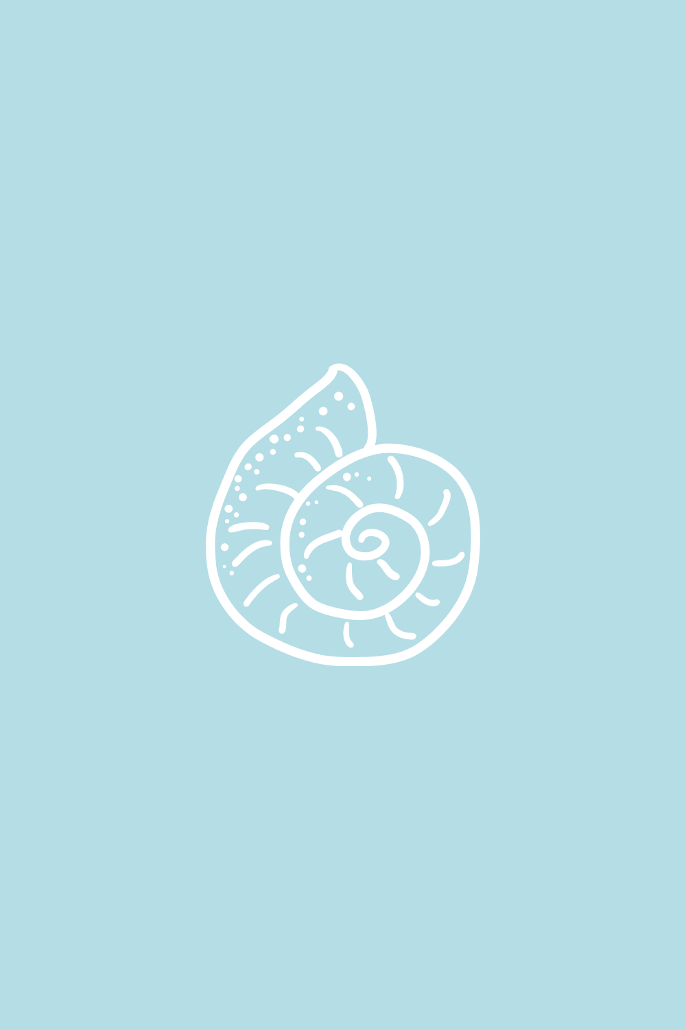 A minimalistic line drawing of a seashell on a light blue background.