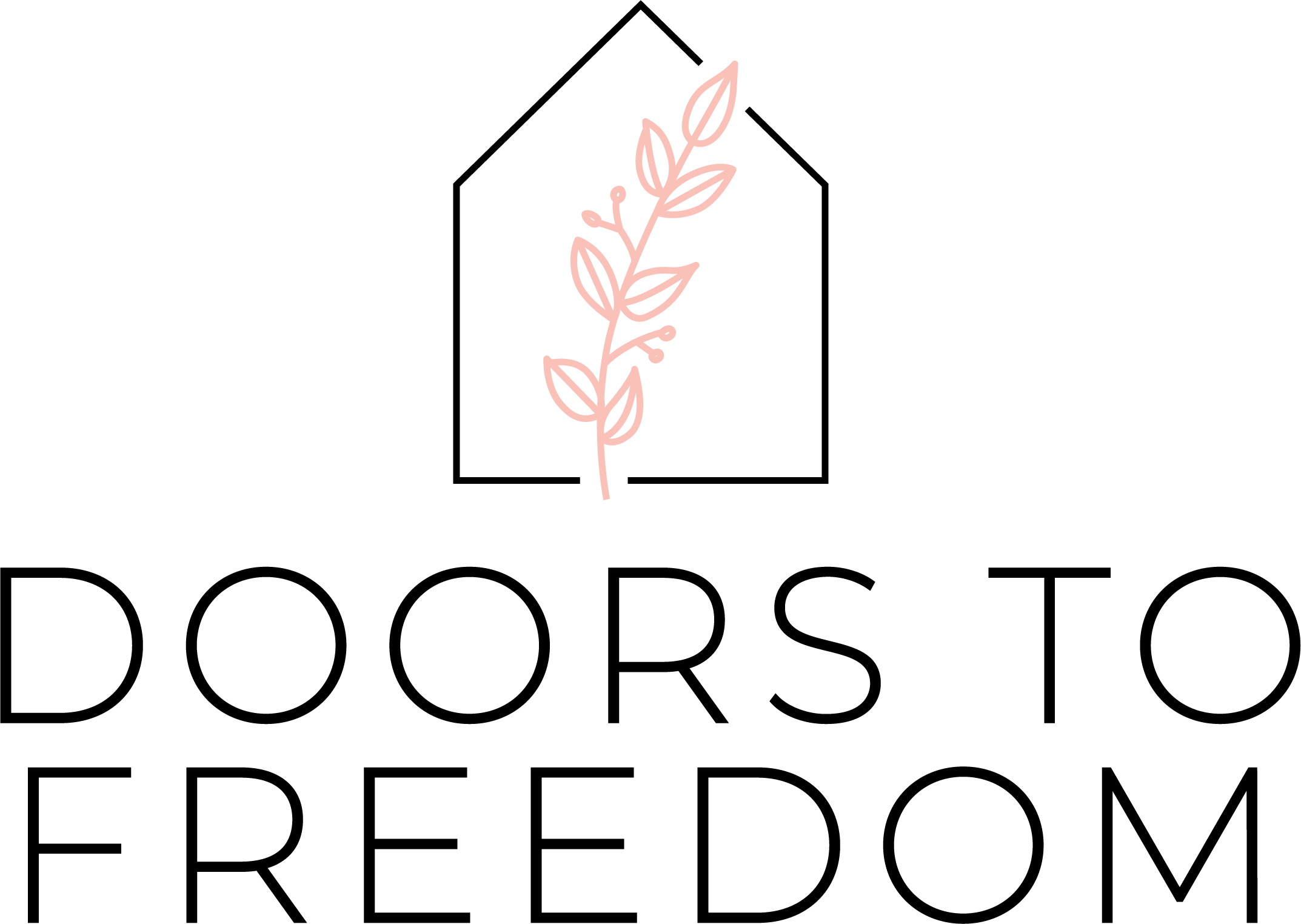 A simple line drawing of a pink leafy stem on a black background.